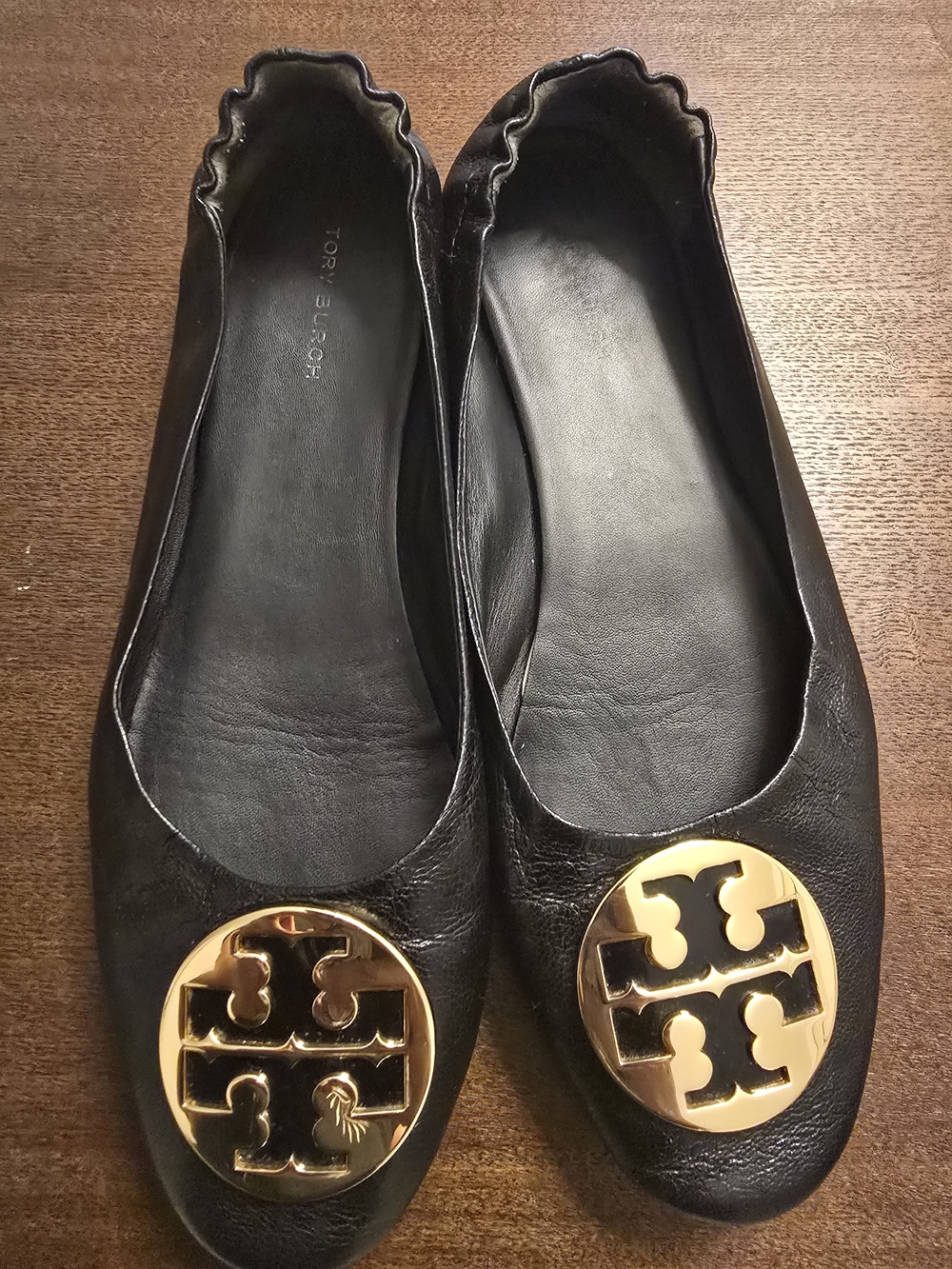 Tory Burch Black Leather Logo Ballet Flats with Gold Emblem
